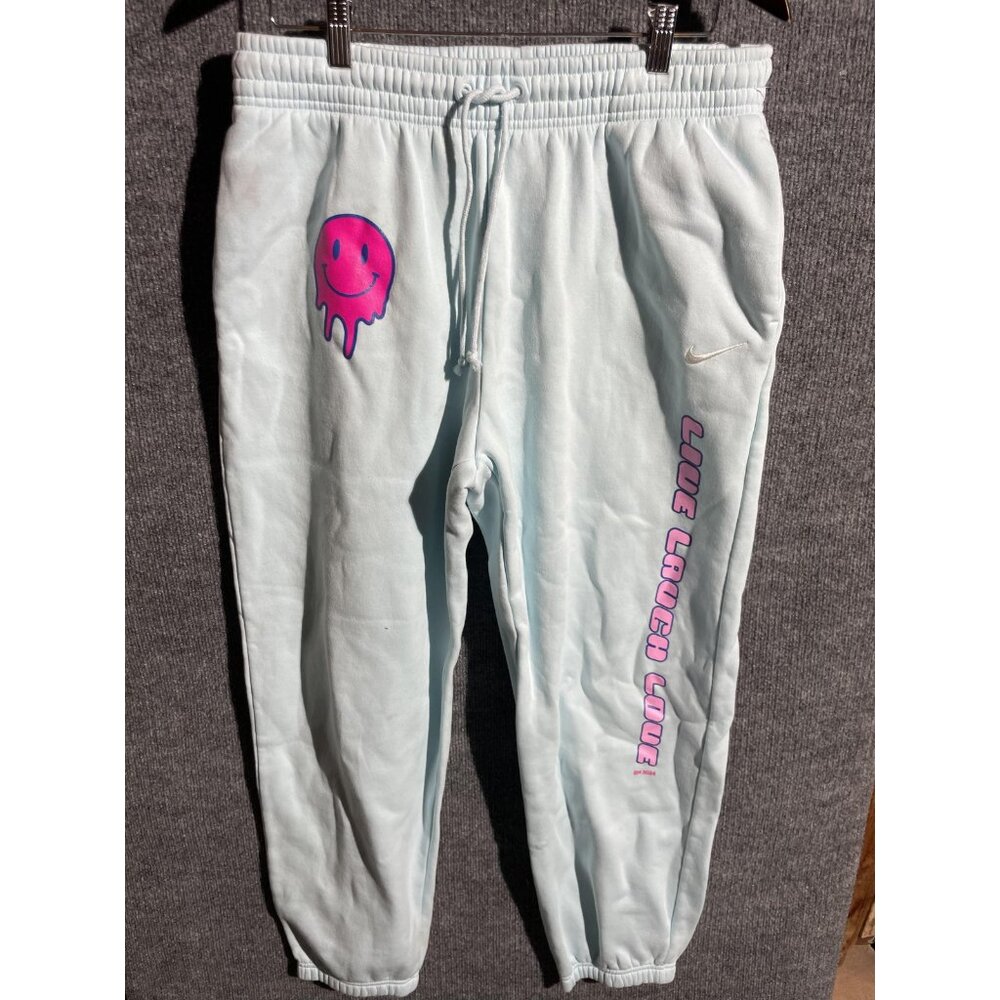Nike Pants Mens Large Blue Fleece Sweatpants Joggers Live Laugh Love Smiley